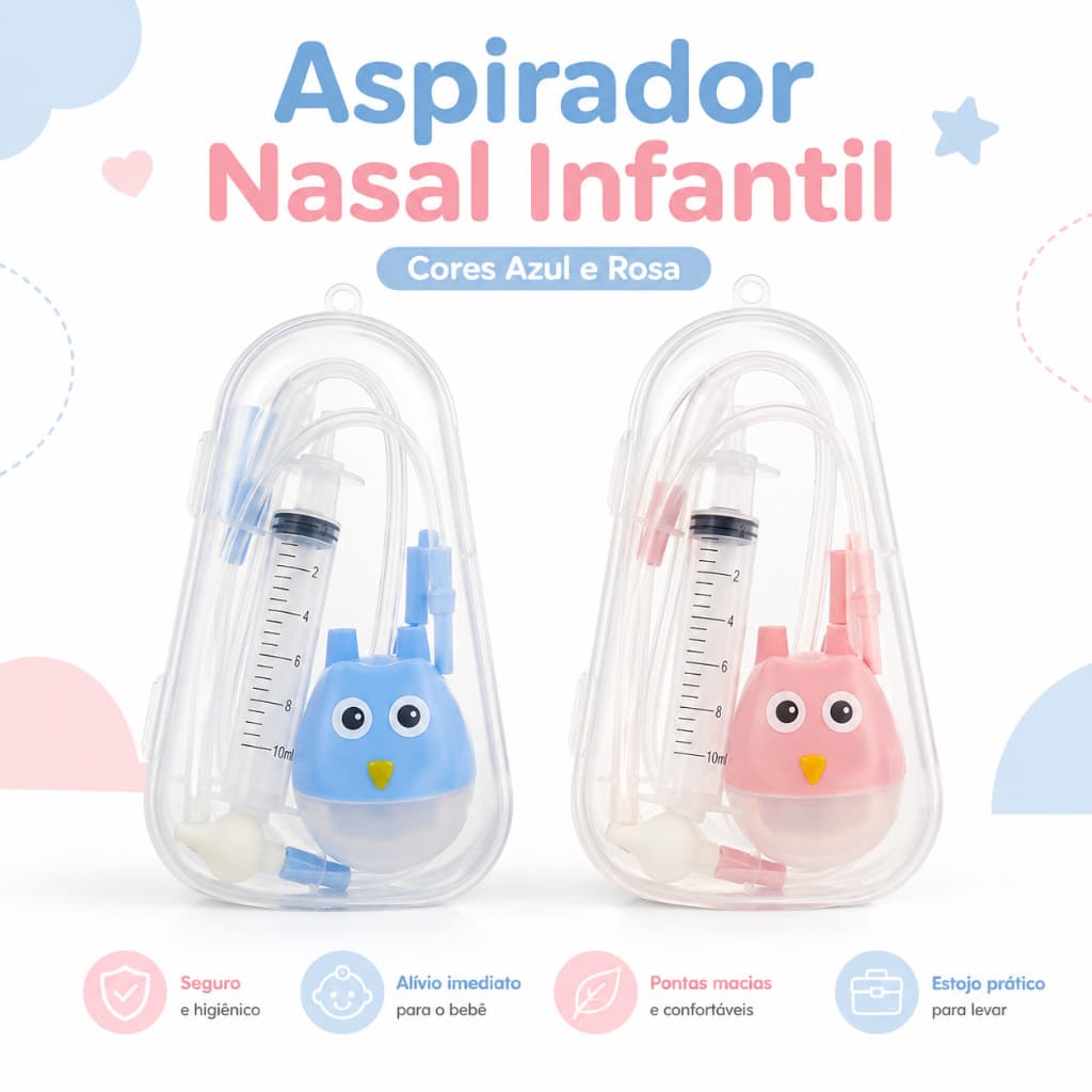 Kit Aspirador Nasal Manual para Bebê com Seringa 10ml Estojo Protetor Azul ou Rosa