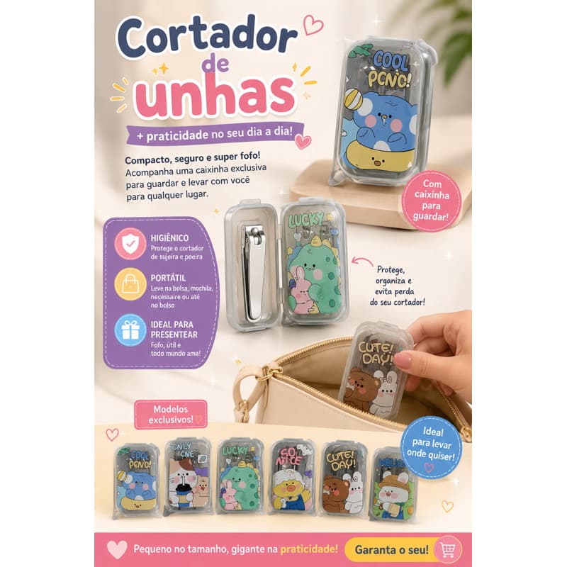 Cortador de unhas infantil, pequeno e prático, acompanha estojo.
