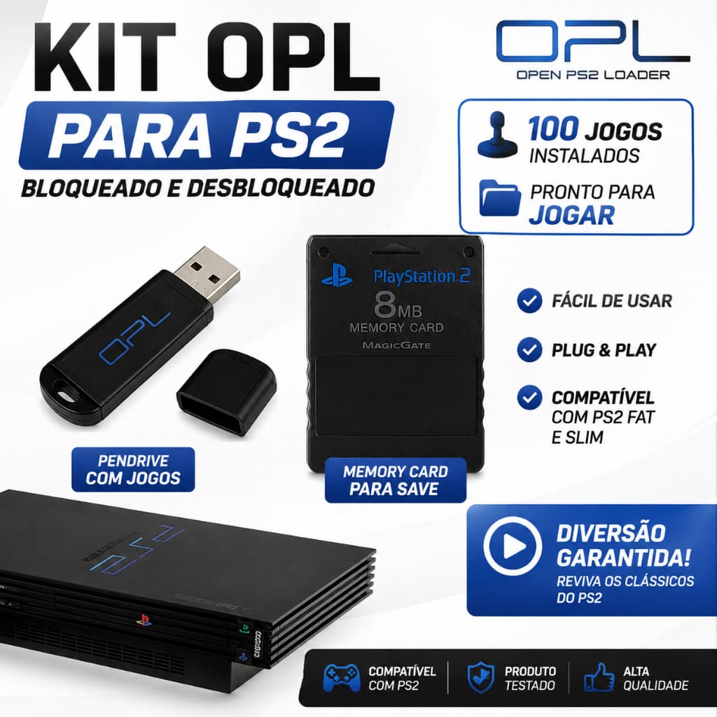 Kit OPL PS2 com Pendrive e Memory Card com 100 Jogos