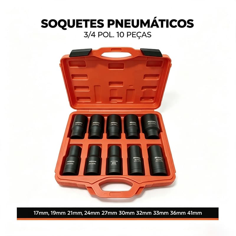 Jogo 10 Soquetes Pneumáticos Longos 3/4 Pol Aço CrMo, 17-41mm para Chave de Impacto Caminhão Oficina Mecânica Pesada
