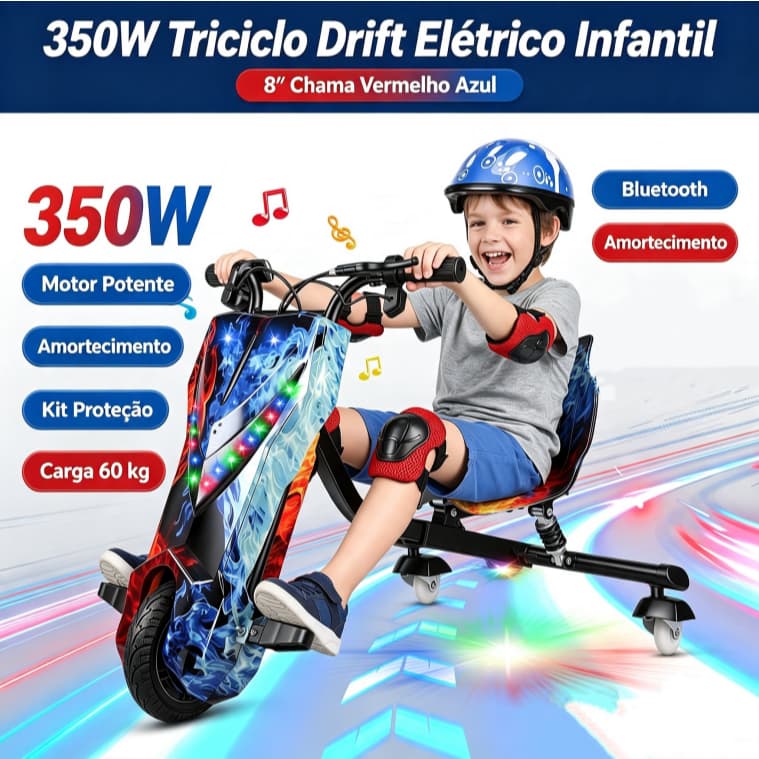 350W Triciclo Drift Elétrico Infantil 8" Com Amortecimento, Bluetooth e Kit Proteção, carga de 60 kg