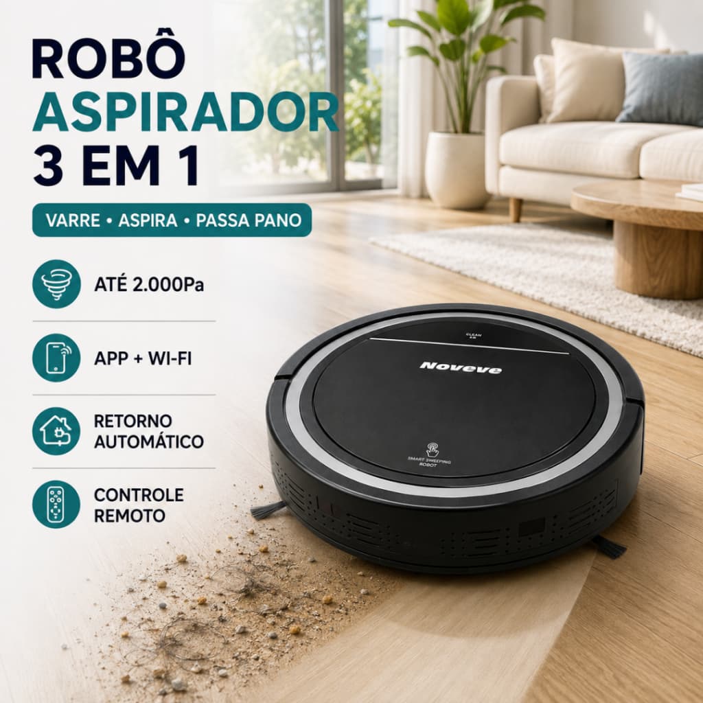 Aspirador de Pó Para Casa Robô Inteligente Com Base Auto Coletora De Pó 3 Em 1 Varre + Aspira E Passa Pano
