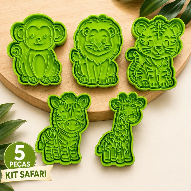 Kit cortador + carimbo para Biscoito infantil safari Pasta Americana Festa Infantil Bichinhos Animais da Selva verde
