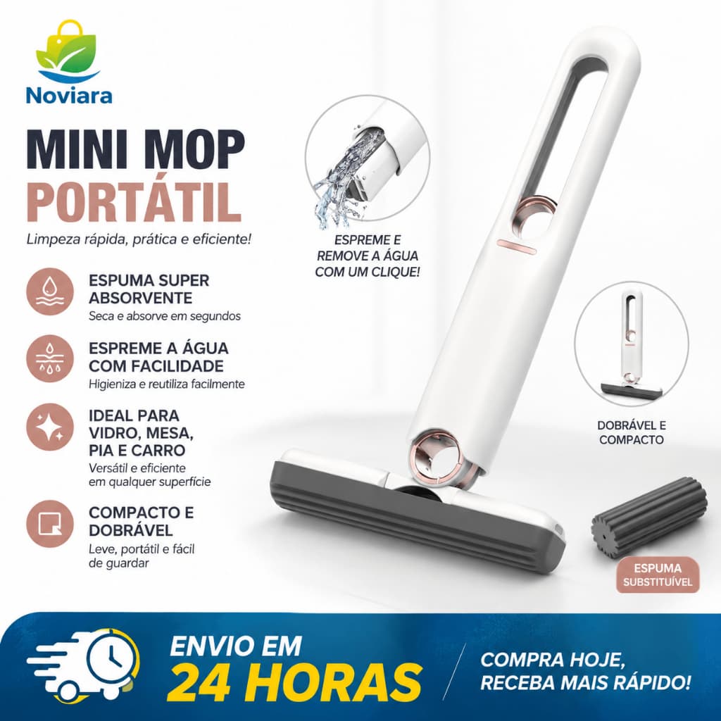 Mini Mop Portátil Esfregão Dobrável com Esponja Absorvente e Espremedor para Pia Vidro Cozinha Banheiro
