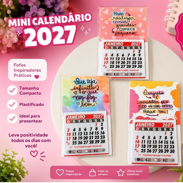 Mini Calendario 2027 personalizado EMBALADO INDIVIDUALMENTE  COM SUA logomarca 5x10 com imã.