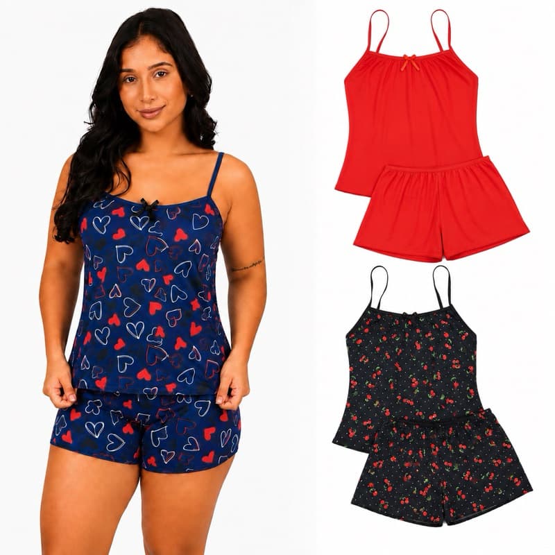 Kit 2 Pijama Feminino Short Doll Baby Doll Verão Liso e Estampado Linha Noite