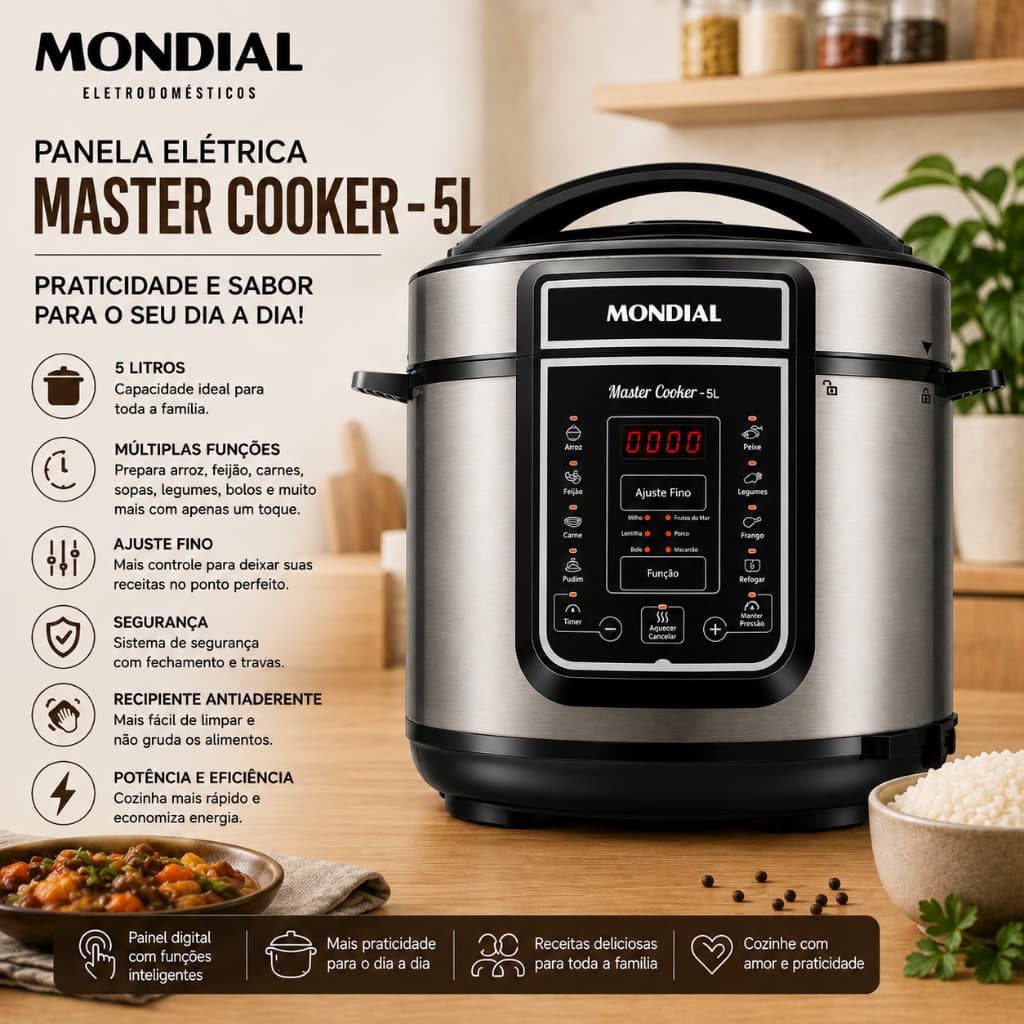 Panela de Pressão Elétrica Mondial PE-38 Digital 5L 900W Inox e Preta