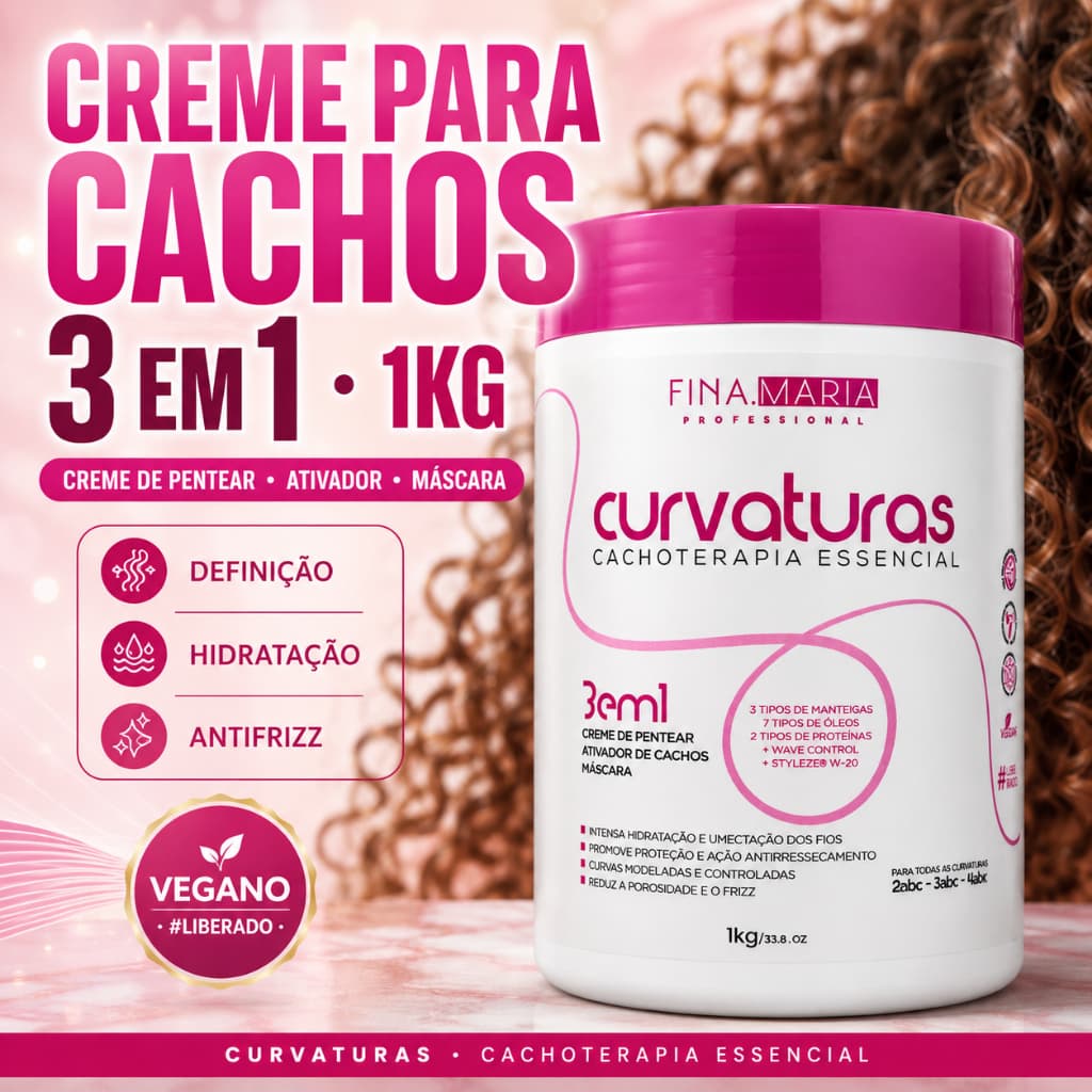 CREME PARA CACHOS 3 EM 1 | 1KG CURVATURAS ATIVADOR CREME DE PENTEAR ANTIFRIZZ | FINA MARIA