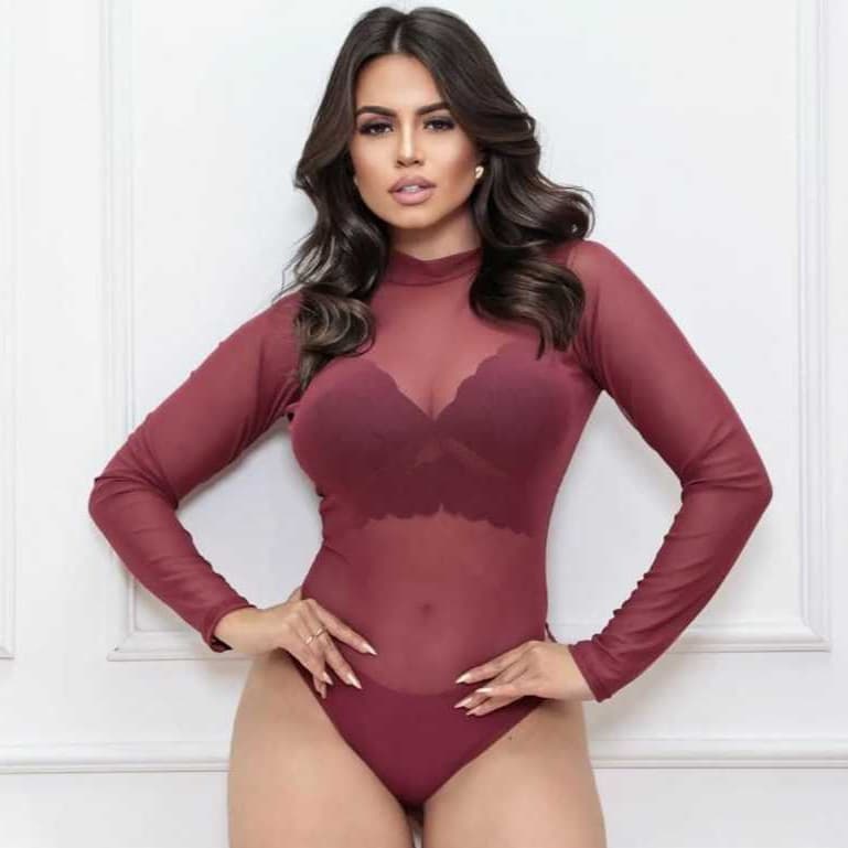 Body Tule Feminino Transparente Manga Longa, Body Tule Liso Feminino, Body Feminino Liso,