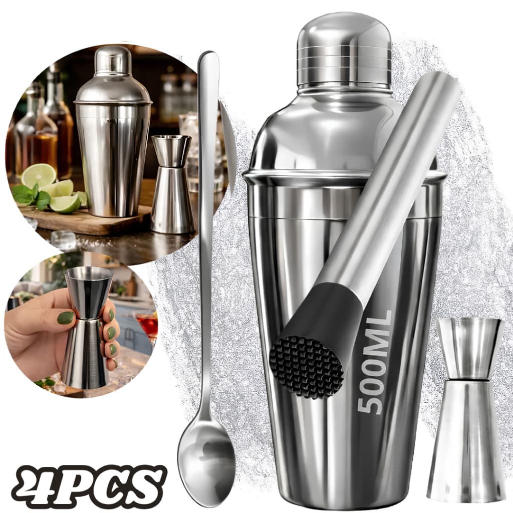 Kit Caipirinha Inox Coqueteleira 500ml 4 Peças Profissional Socador Dosador Colher Drink