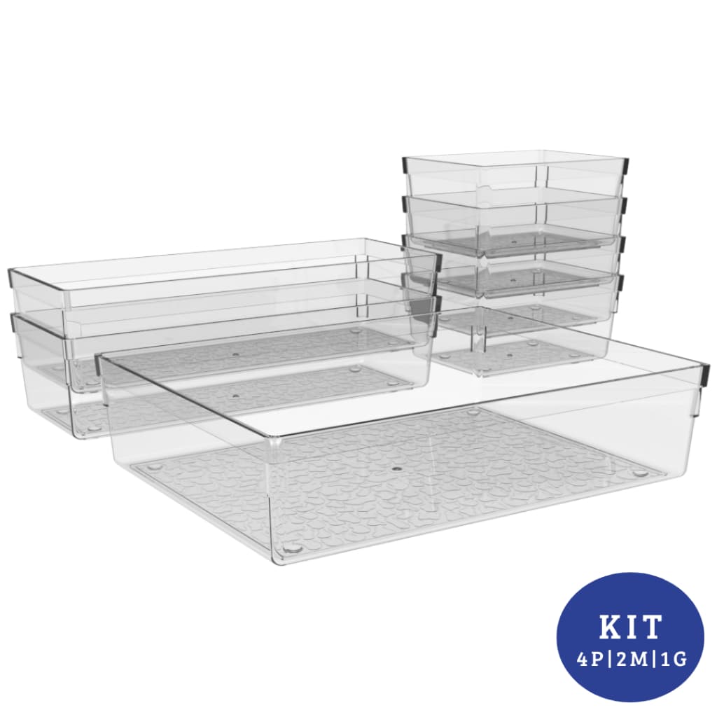 Kit com 7 Organizadores de Acrilico Multiuso Modular Geladeira Gaveta Armario Maquiagens 4P 2M 1G