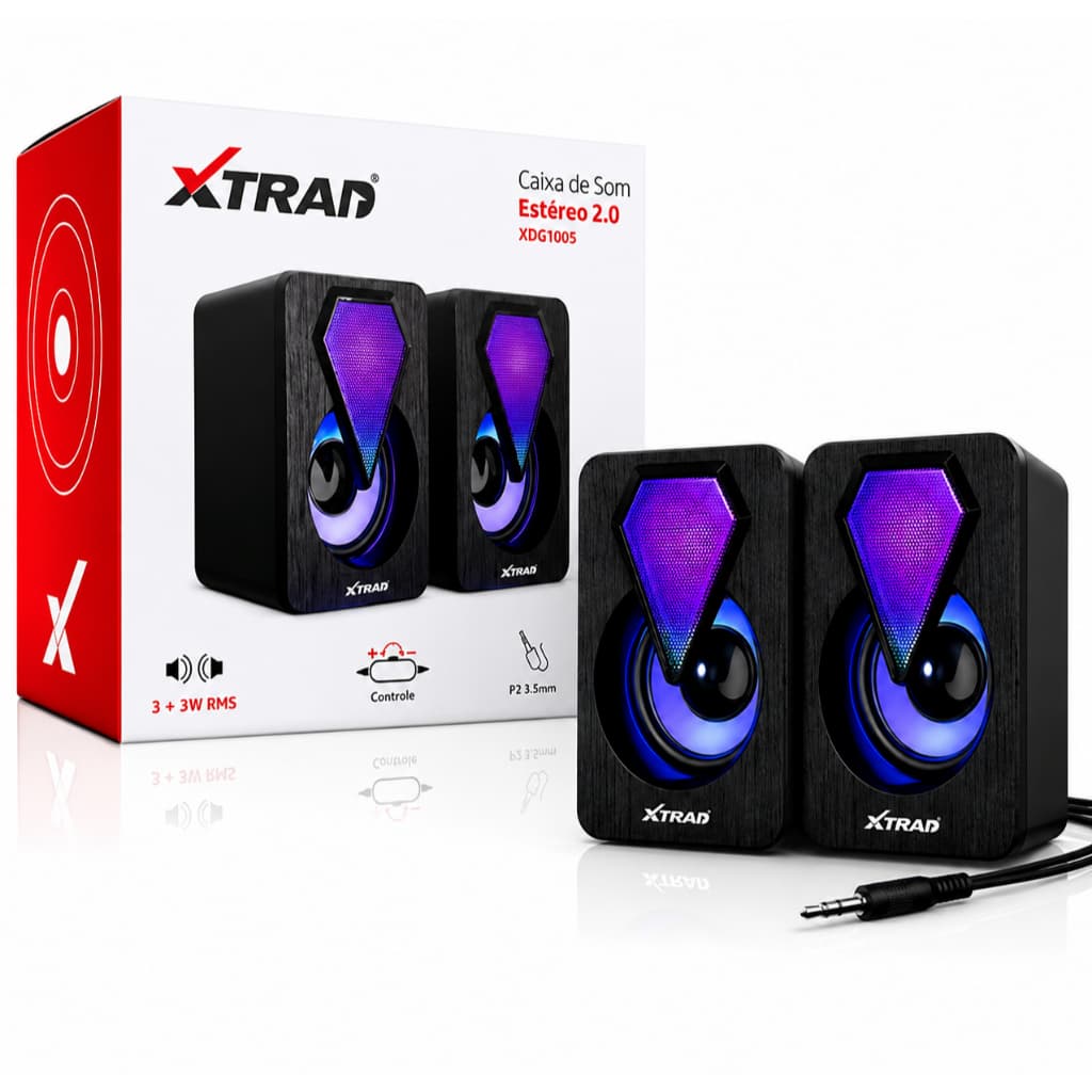 Caixa de Som para PC XTRAD XDG1005 2.0 Estéreo 3W+3W RMS 6W Potência com Controle de Volume P2 3,5mm