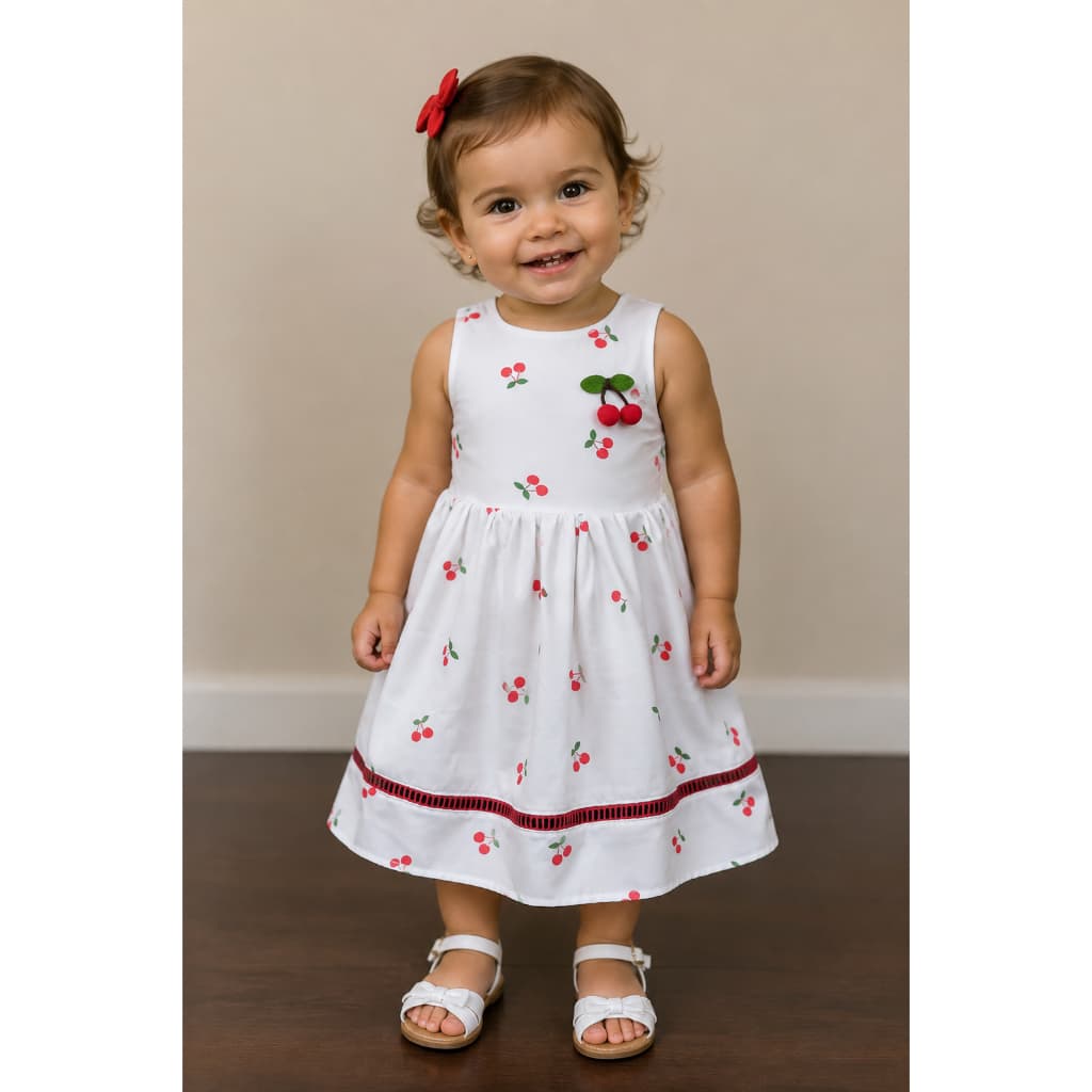 Vestido Infantil verão coleção cerejinha, babado e ponto palito