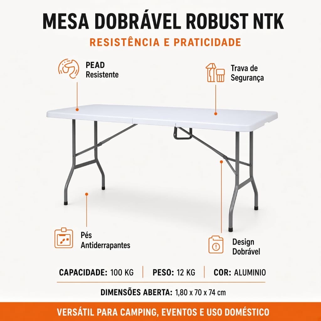 Mesa Dobrável NTK PEAD 1,80m Alta Densidade até 100kg Cor Alumínio