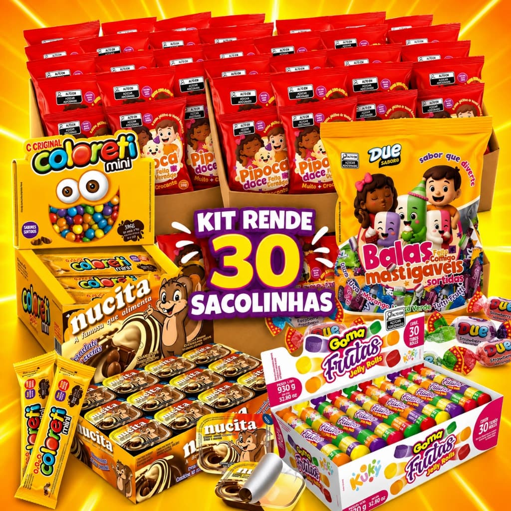 Kit Rende 30 Sacolinhas Surpresa Aniversário Infantil 5 Guloseimas Premium Fini Nucita Confete Bala Goma