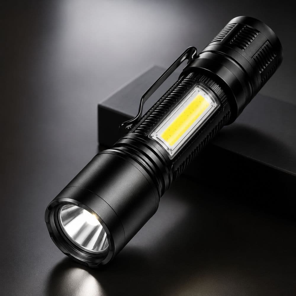 Lanterna Tática LED Recarregável USB Mini Portátil com Zoom Luz Lateral COB Estojo