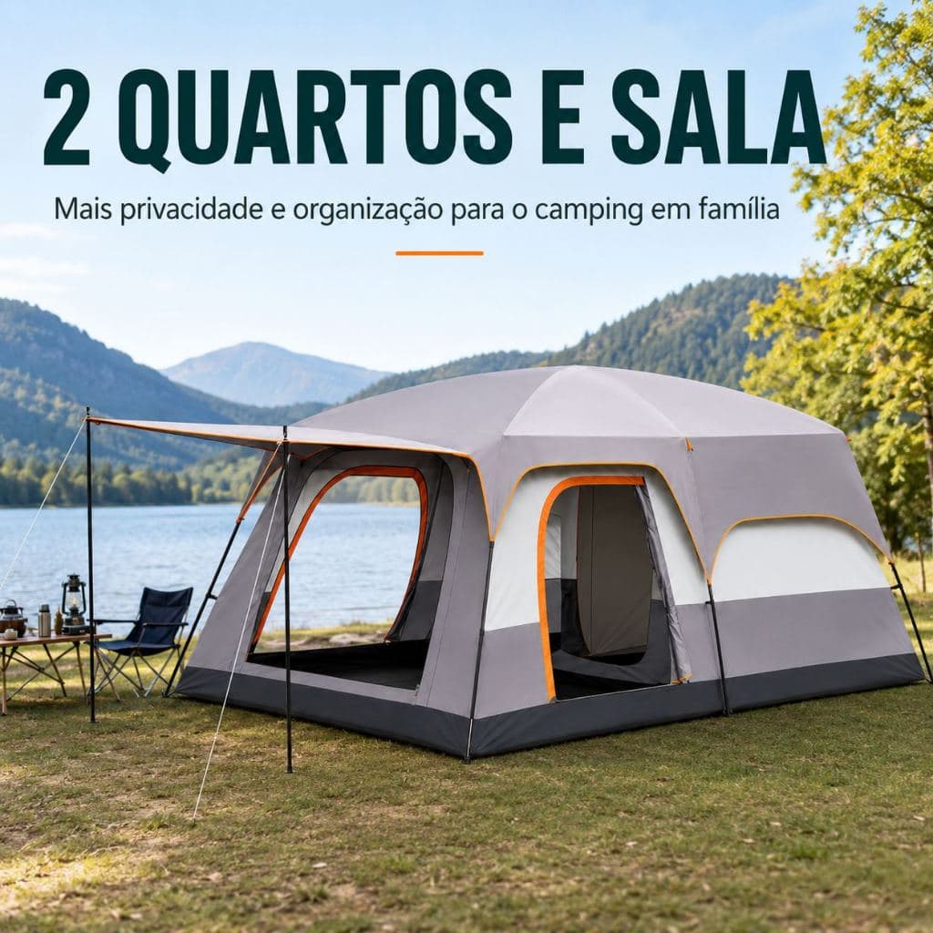 Barraca Familiar Grande 8–12 Pessoas com 2 Quartos, Sala, Cobertura Frontal e Mais Privacidade no Camping
