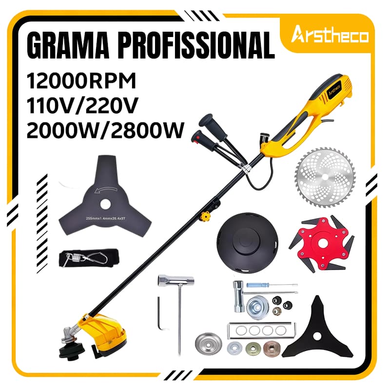 Roçadeira Elétrica Arstheco 2000W/2800W 12000RPM Cortador Grama Profissional Com Acessórios