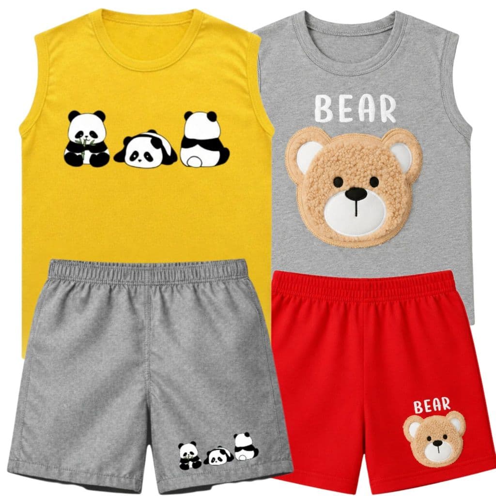 Kit 2 Conjunto Infantil Sortidos Regata + Bermuda Tactel Menino Masculino Verão Urso Básico Premium