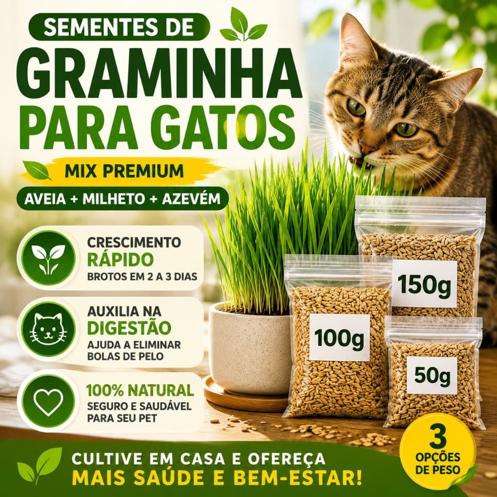 Sementes Graminha para Gatos Capim Natural Petisco Anti Bola de Pelo Digestão 50g 100g 150g