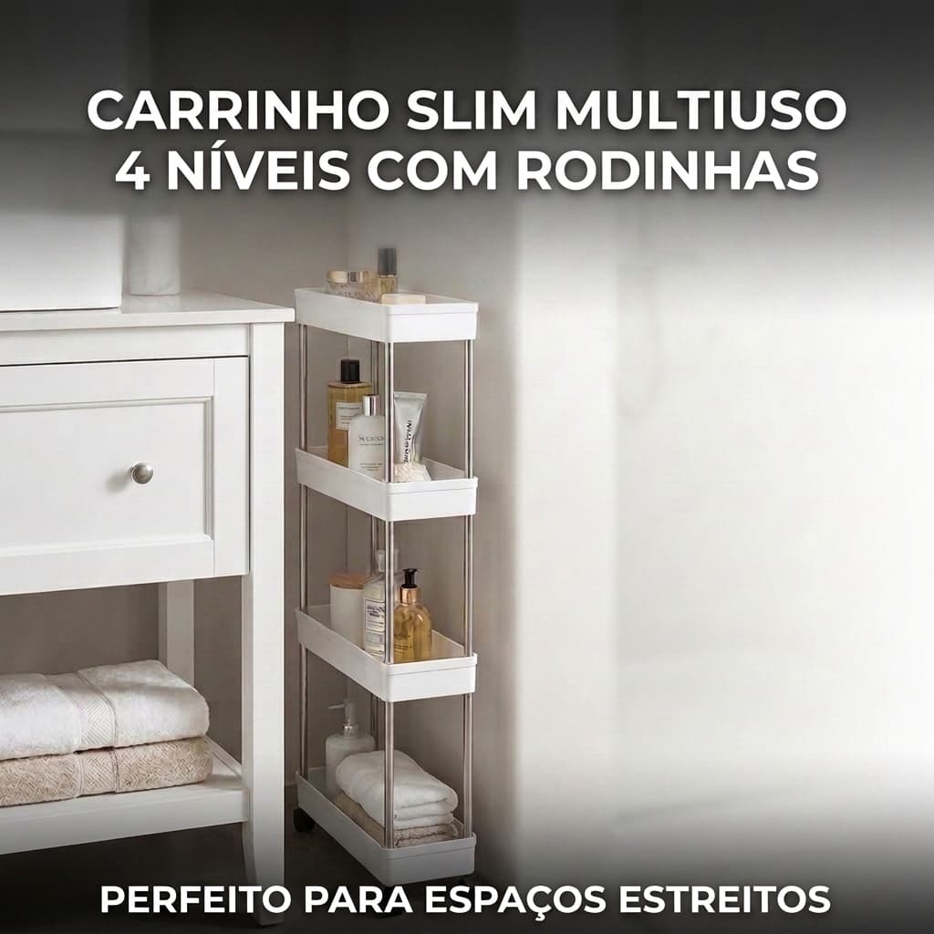 Carrinho Organizador Slim 13cm com Rodinhas 4 Prateleiras Multiuso para Cozinha Banheiro Lavanderia