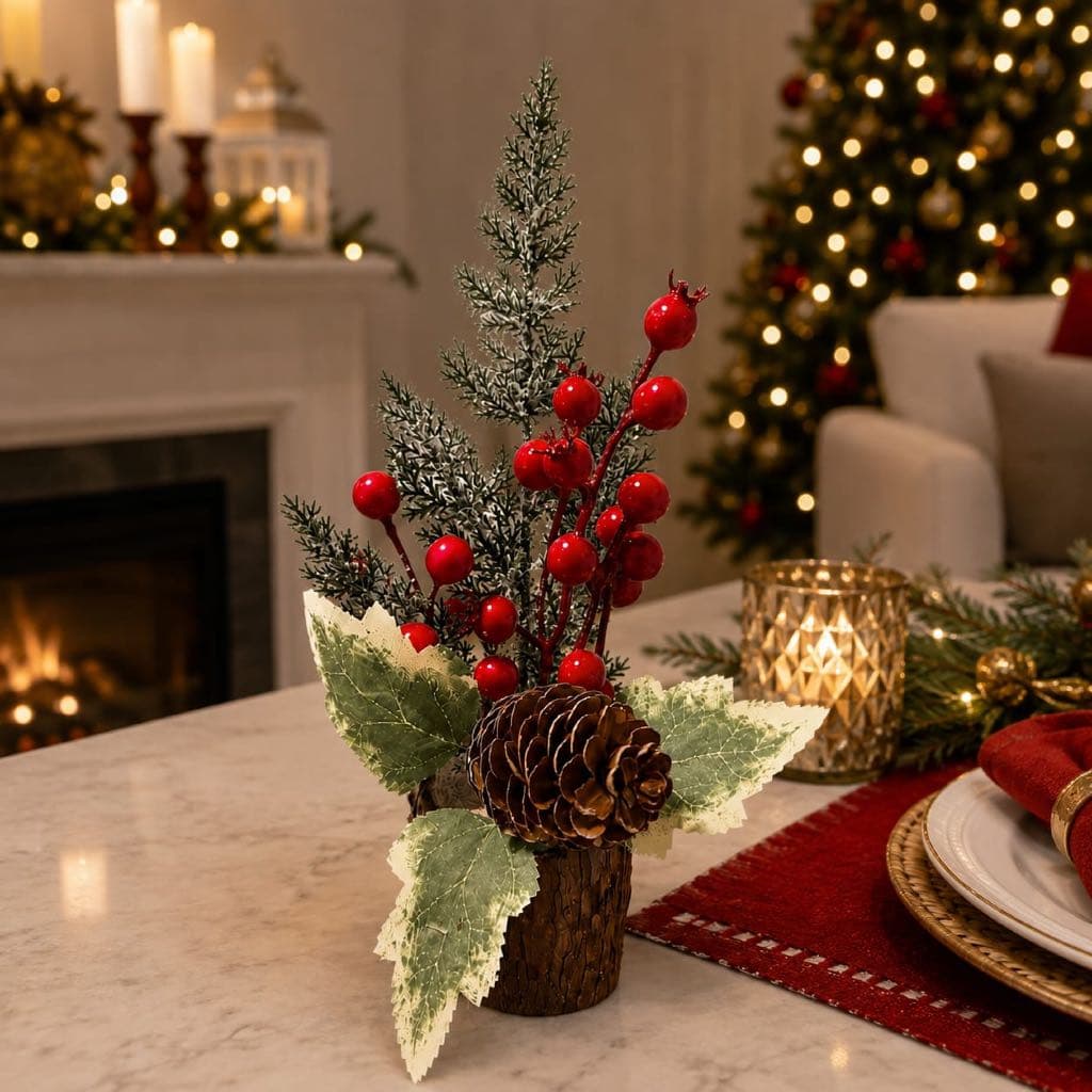 Mini Arranjo Natalino Pinheiro Vaso Decorativo De Mesa Natal Base Madeira