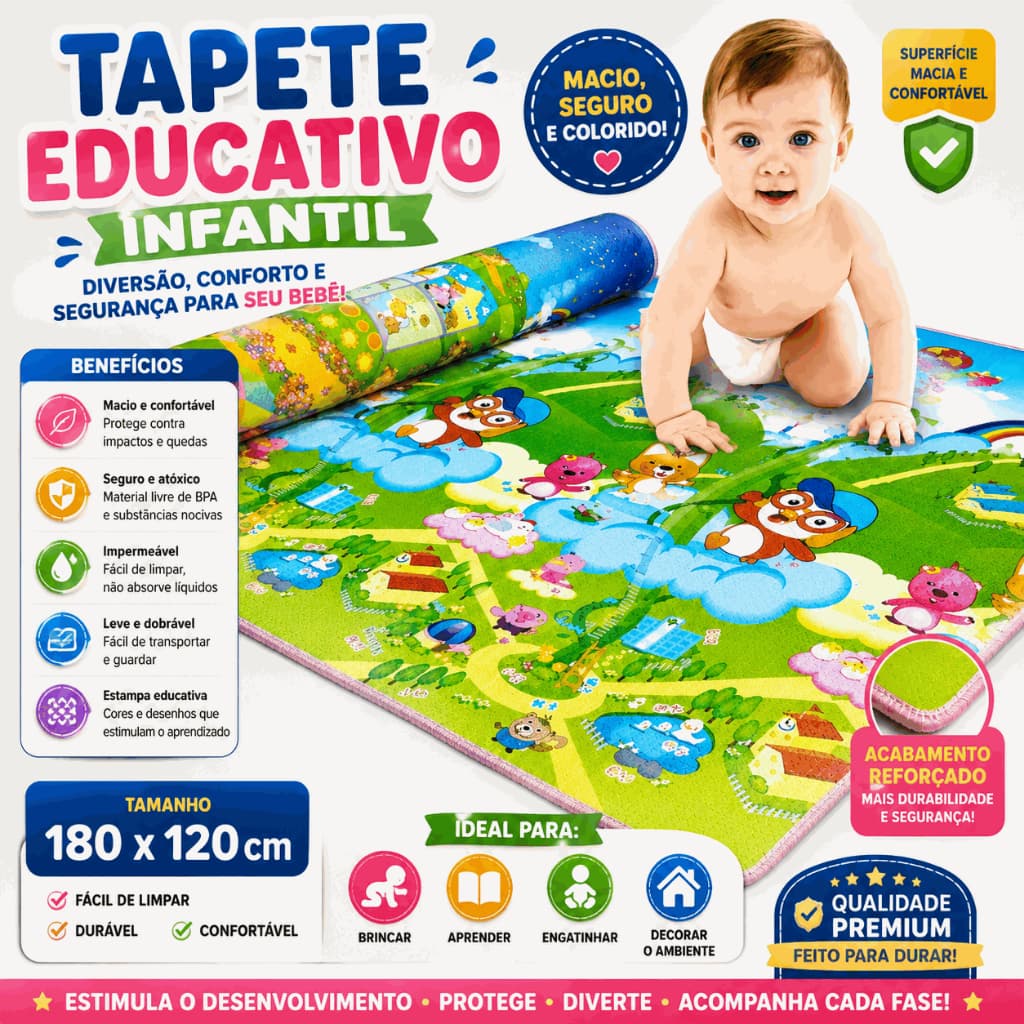 Tapete Infantil Bebê Educativo EVA 1m x 1,8m Antialérgico Impermeável Colorido Atividades para Brincar