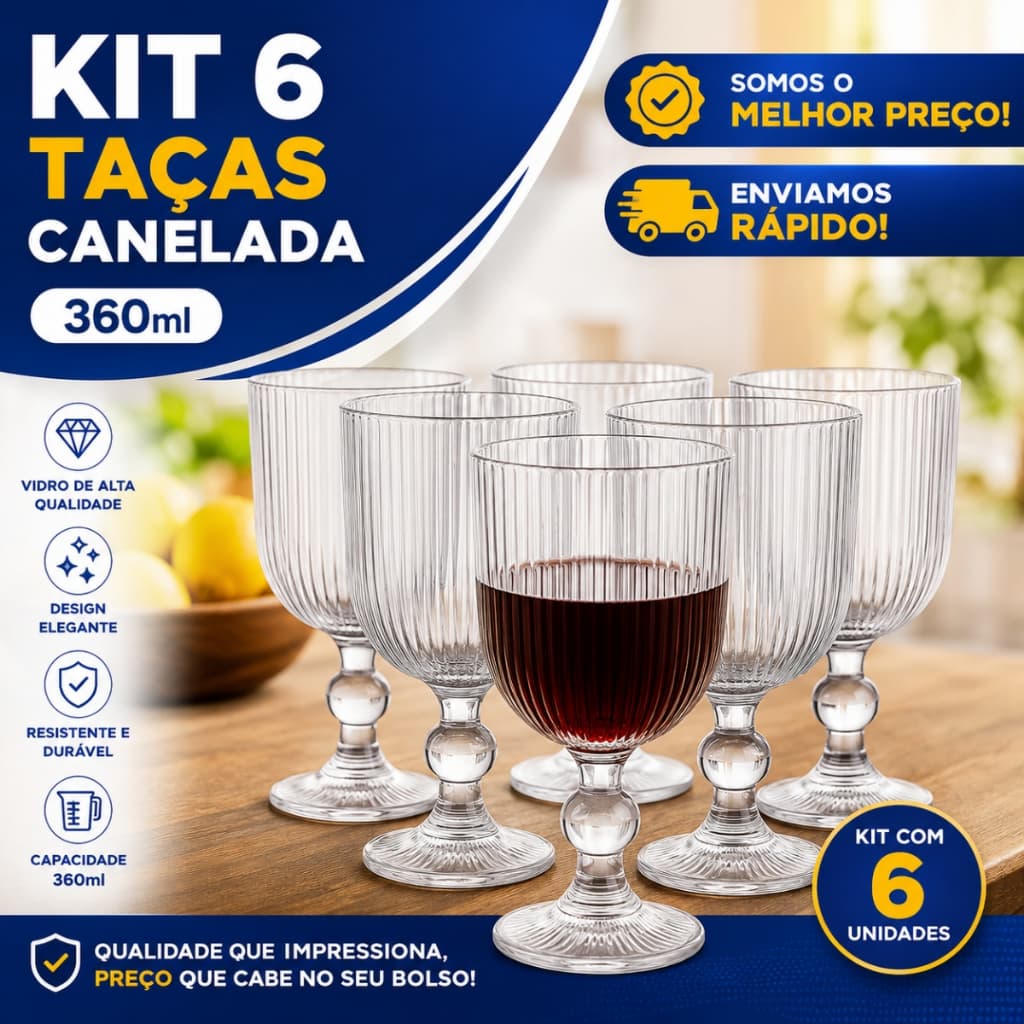 Jogo De Taças De Vidro 6 unidades Suco Agua Vitamina 360 ml Canelado Transparente Grosso Luxo