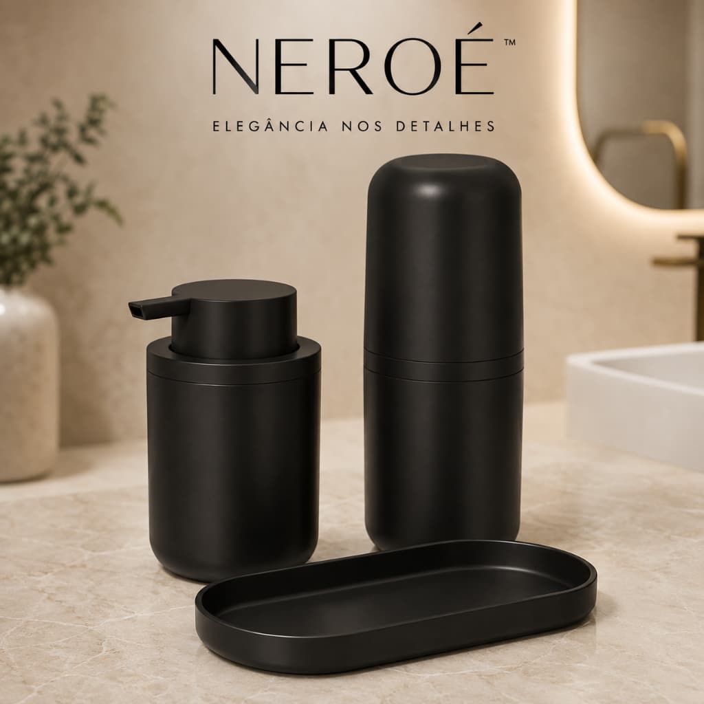 Kit Banheiro 3 Peças Porta Escova Sabonete Líquido Bandeja Organizadora Preto