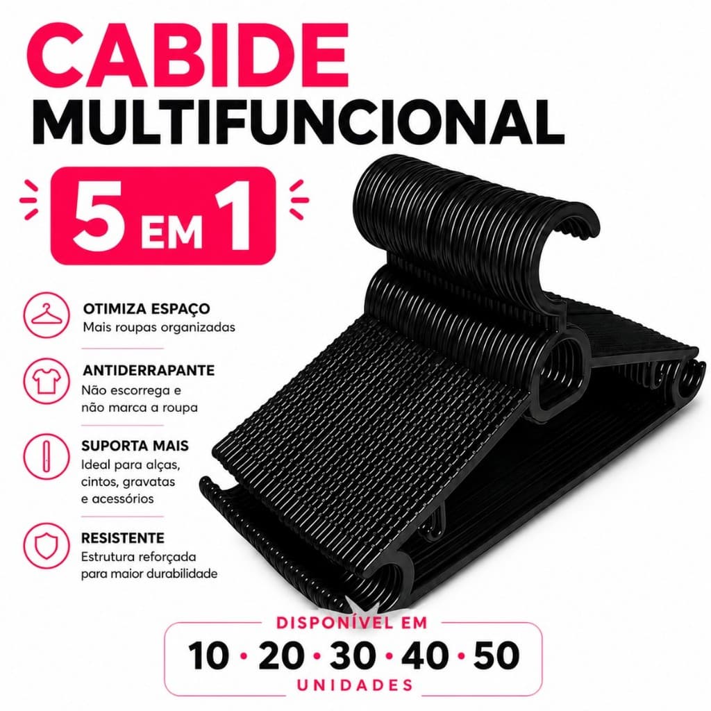 Cabide Multifuncional 5 em 1 Adulto Preto Reforçado Antiderrapante Kit 10 20 30 40 50 Unidades