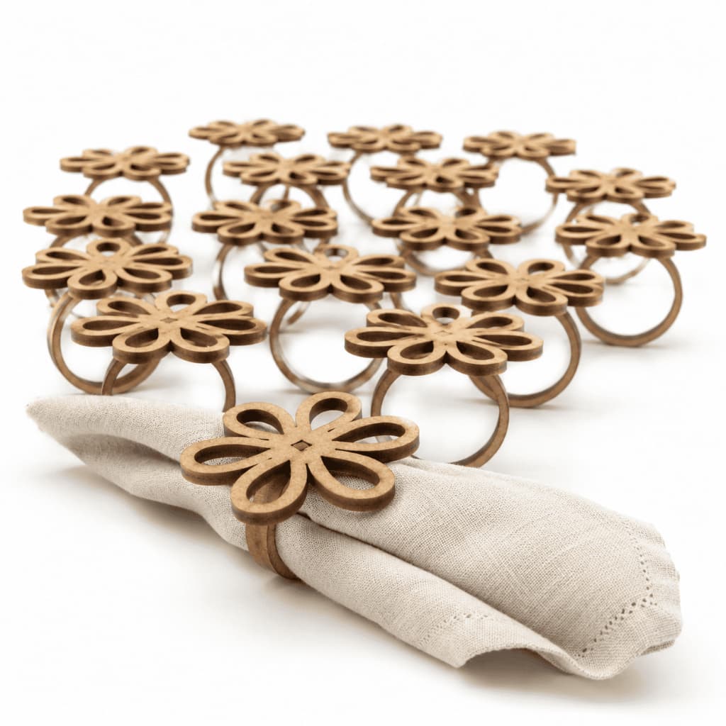 50 Anéis Porta Guardanapo Flor Decoração Mesa Posta MDF Cru