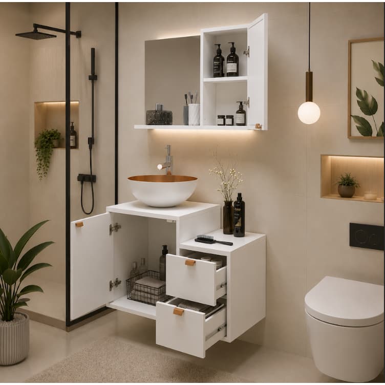 Kit Gabienete Banheiro Completo Com Cuba Espelho E Gavetas Branco Ou Preto Premium
