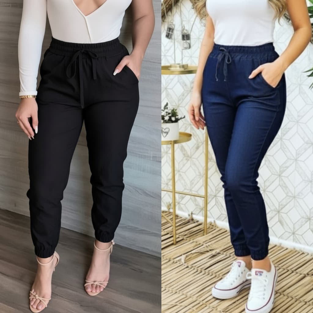 Kit 2 Calças Jogger Feminina Bengaline Cintuta Alta com Bolso Skinny