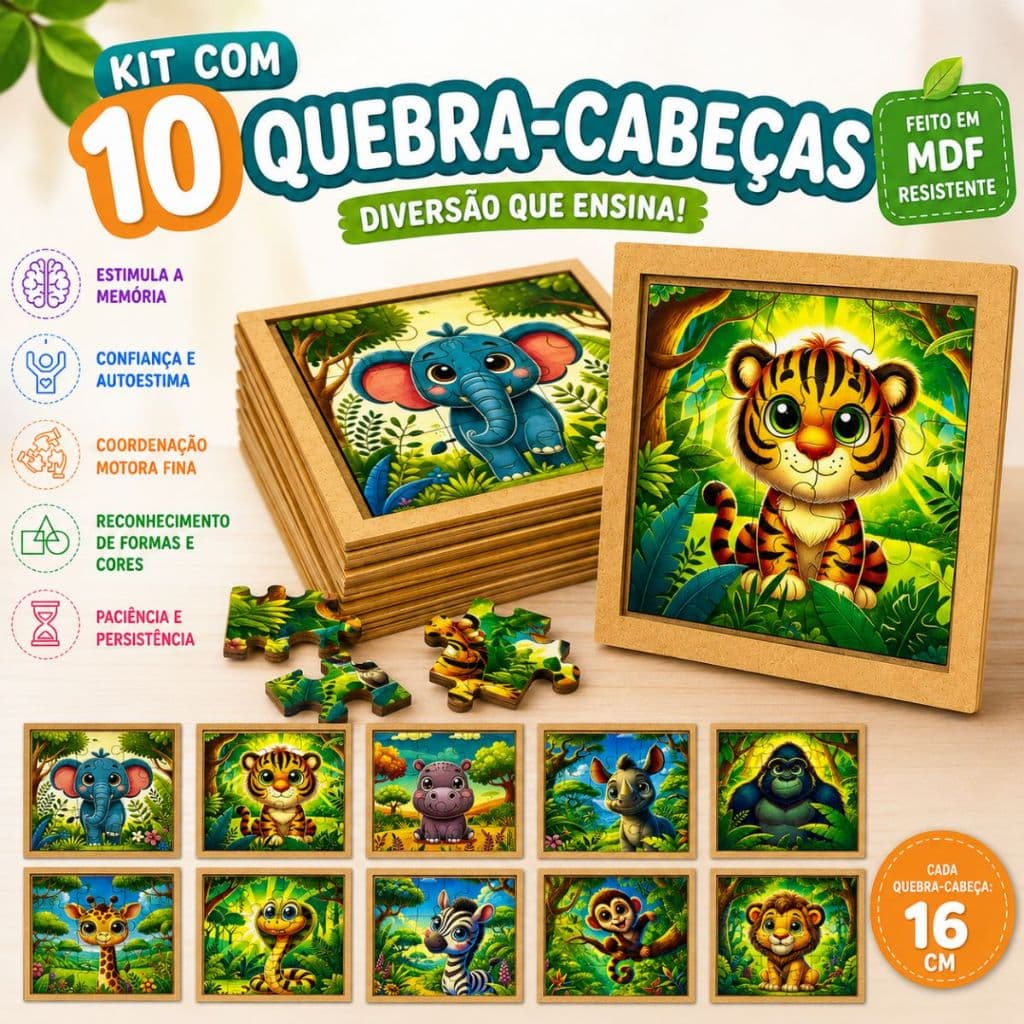 Kit 10 Quebra Cabeça em Mdf 9 Peças Jogo Pedagógico Infantil Lúdico Educativo Com Base para Montagem