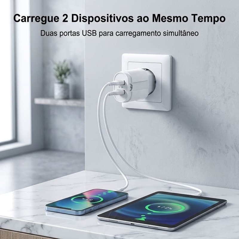 Carregador 2 Portas USB 5.1A Adaptador Tomada Europeia