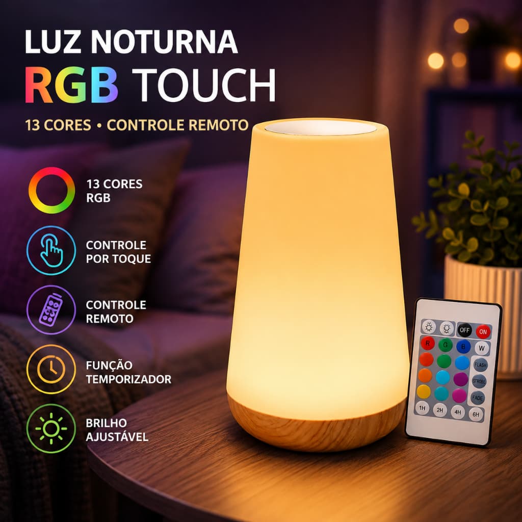 Luminária LED RGB 13 Cores Touch com Controle Remoto Recarregável Abajur Portátil com Timer para Quarto