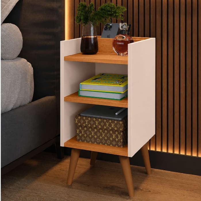 Mesa De Cabeceira Max Retrô Pés Em PVC Anti Umidade Com Porta/Celular Nicho Organizador