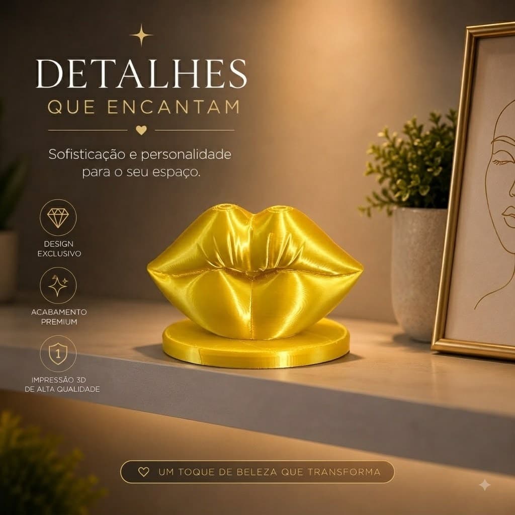 Escultura Boca Dourada Decoração Consultório Estética Harmonização Facial