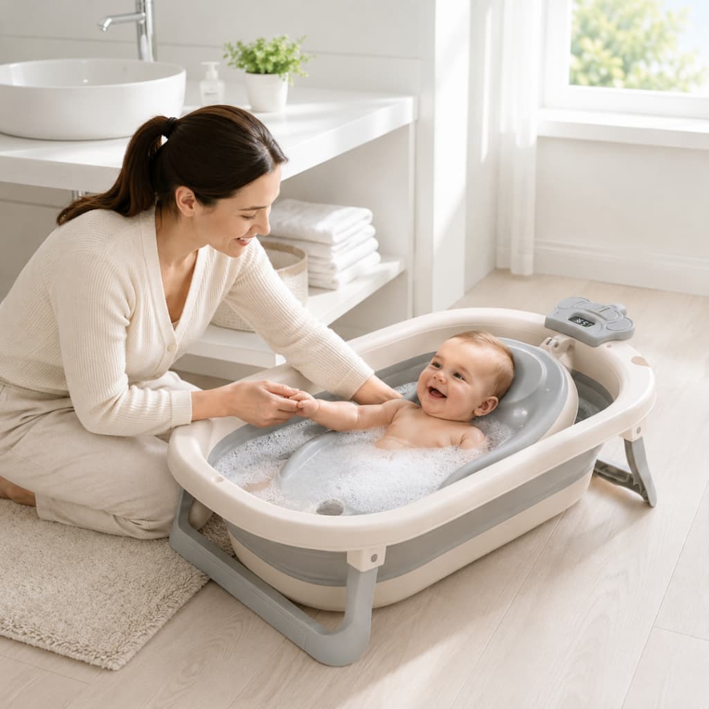 Banheira com Apoio Para Bebê Dobrável Com Termômetro Digital E Dreno Conforto para o Bebe