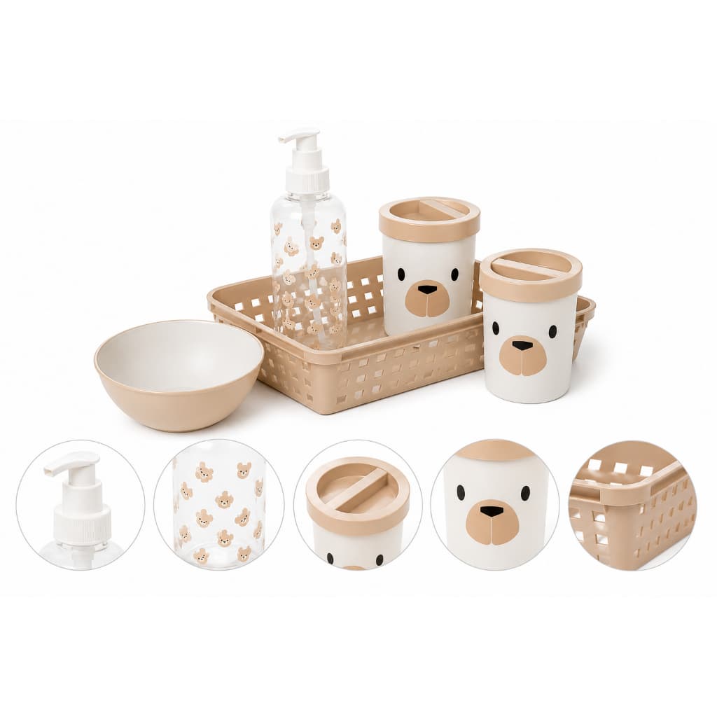 Kit Higiene Bebê Ursinho Plástico 5 Peças Menino Quarto Bebê Organização Kit Infantil Decoração Plasútil