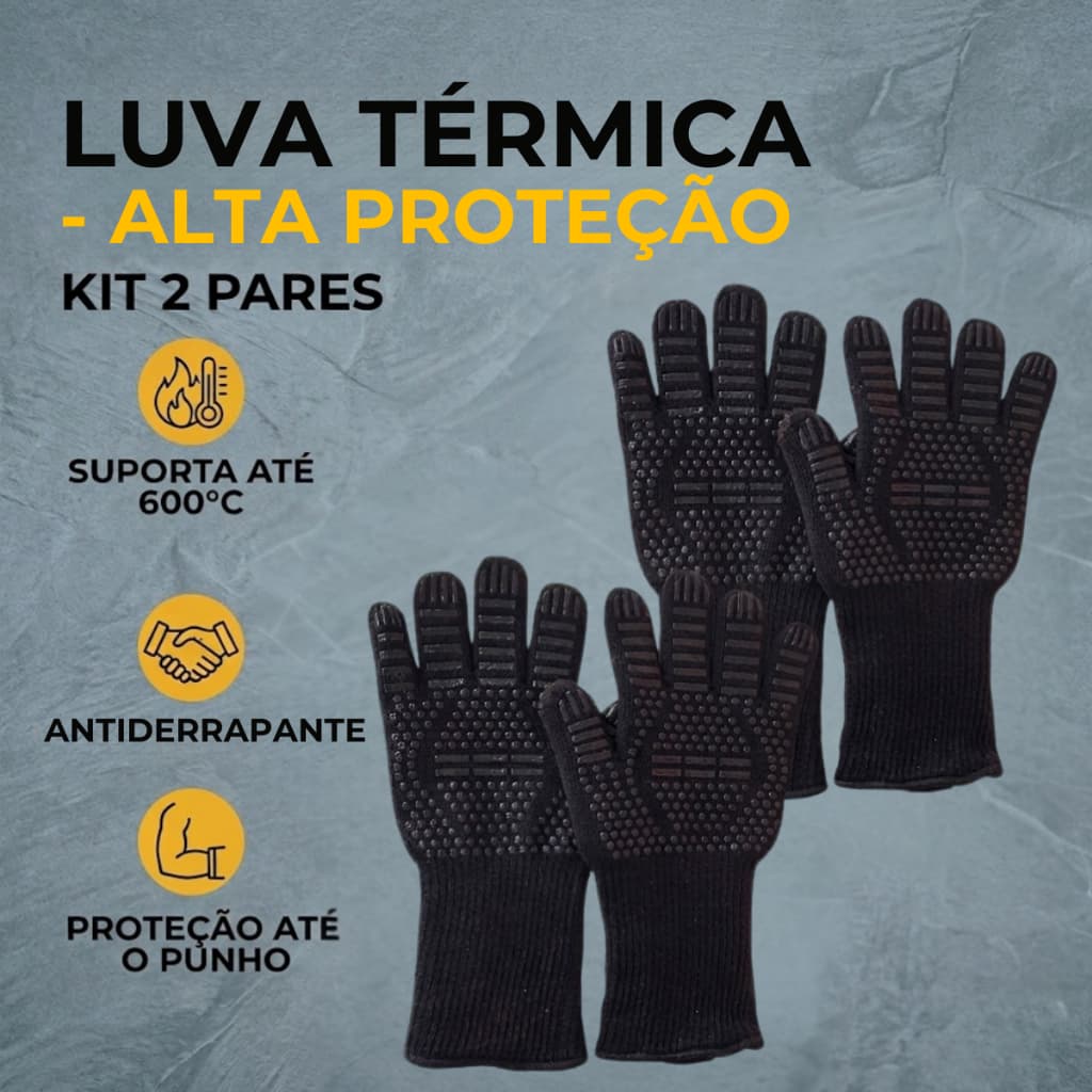Kit 2 Pares Luva Térmica 600°C Antiderrapante Silicone Para Churrasco Forno Cozinha 4 Unidades