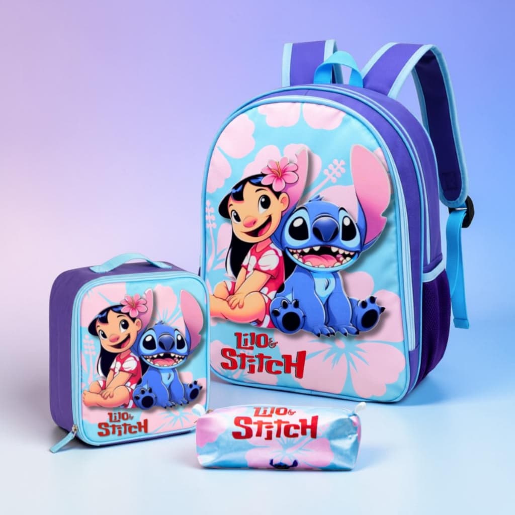Mochila Infantil Feminina Kit Escolar Lilo Stitch Menina + Lancheira Termica + Estojo