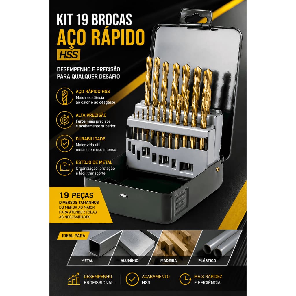 Kit Jogo 19 Brocas 1 - 10mm Aço Rápido HSS Peças P/ Madeira Metal Pvc