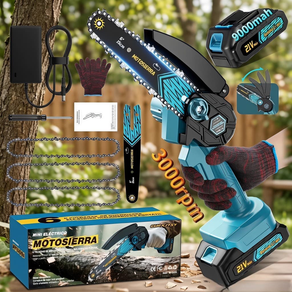 Motosserra Elétrica 6“1200W Bateria 9000mAh para jardinagem, manutenção de pátio,corte de lenha
