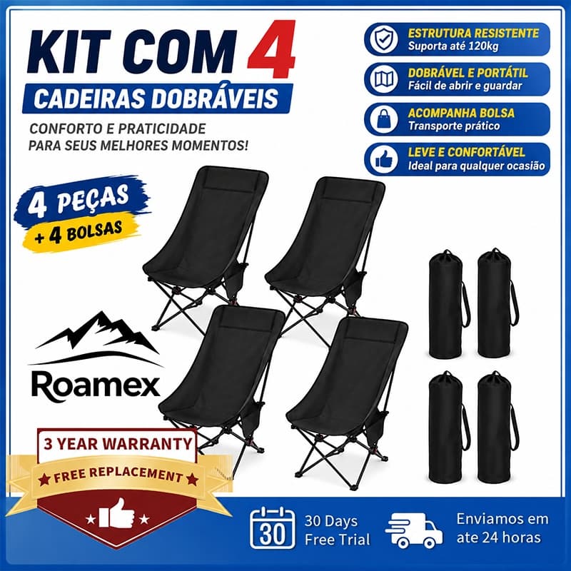 Kit 4 Cadeiras de Camping Dobráveis com 4 Bolsas, Cadeira Lua Portátil Leve e Confortável para Praia, Pesca, Viagem