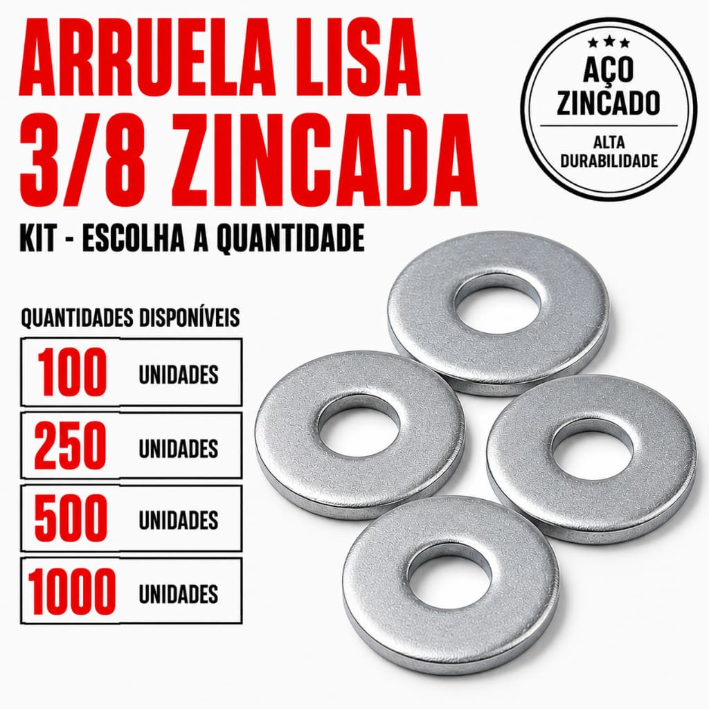 Arruela Lisa 3/8 Zincada – 100, 250, 500 ou 1000 Unidades