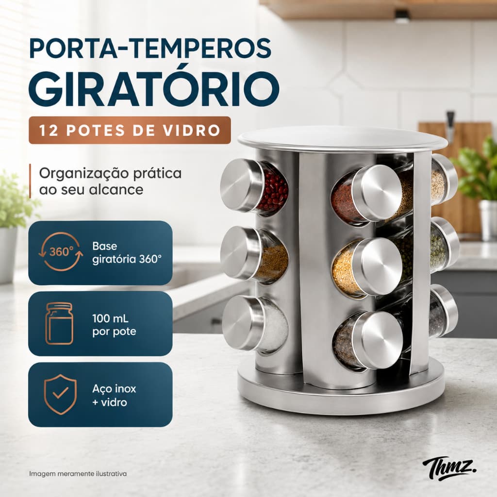 Porta Tempero Condimentos INOX 12 Potes Vidro Base 360° Cozinha Giratório Premium