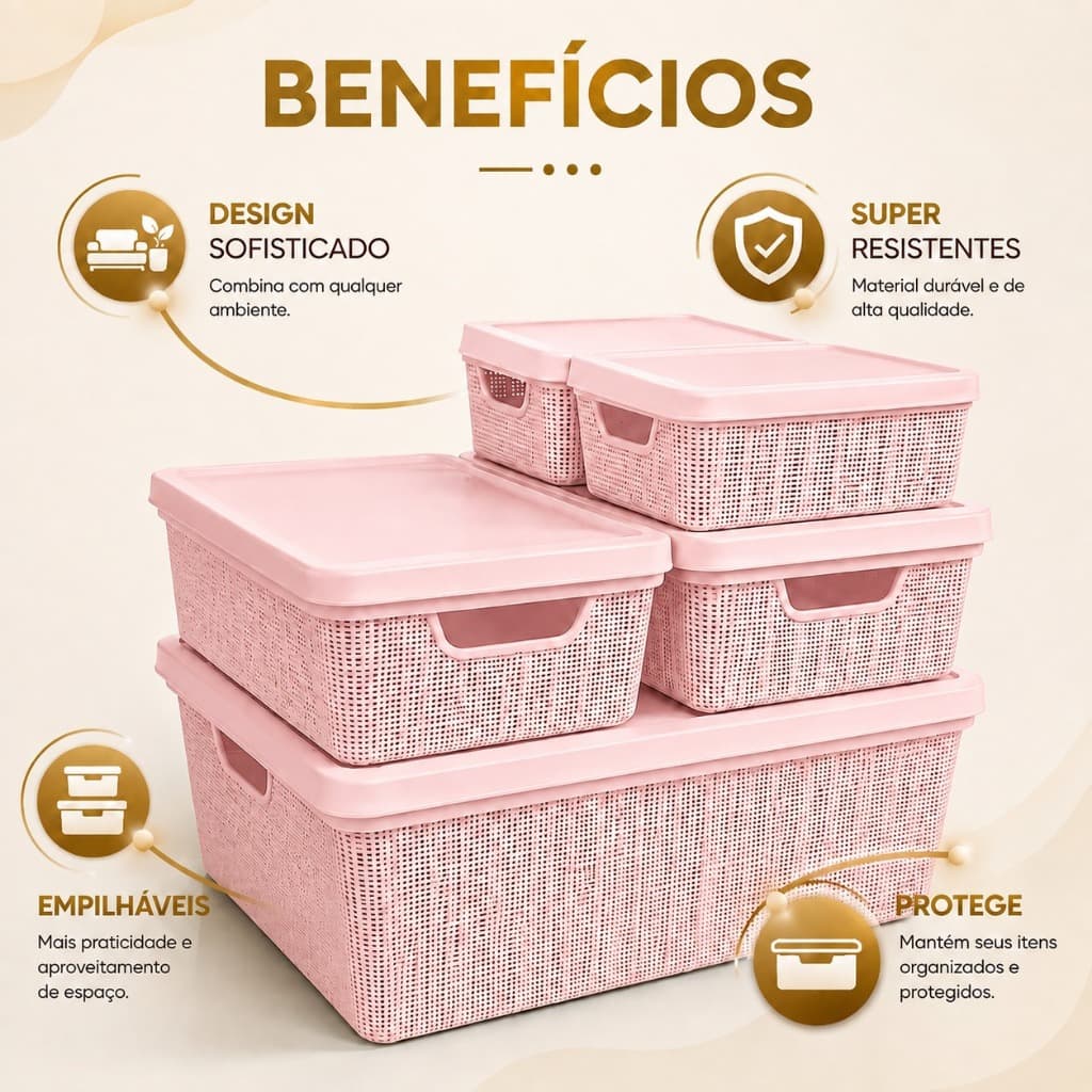 Caixa Organizadora Cesto Kit 5 Com Tampa Multiuso 1,8l 5l 15l Jaguar Linha Juta