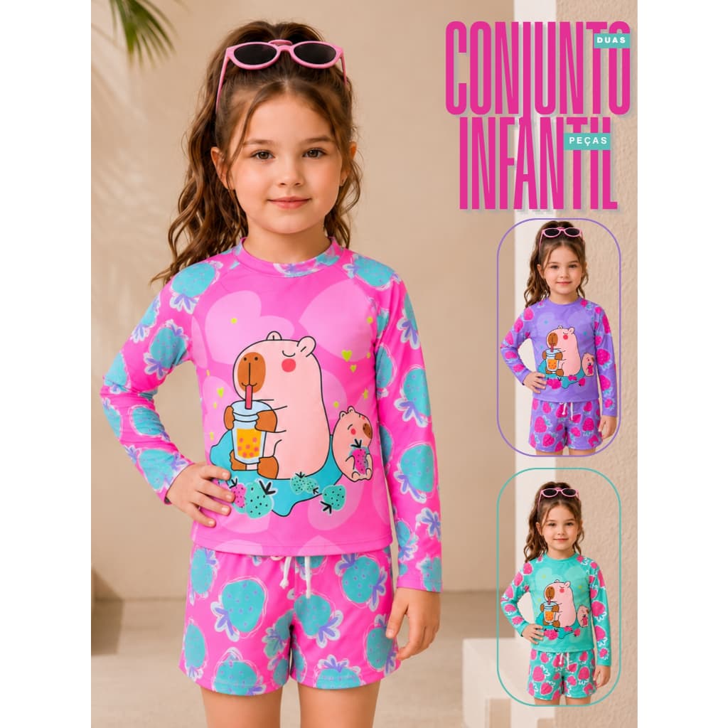 Conjunto Menina Infantil Praia Manga Longa Short UV 50+ Proteção Solar Piscina Moda Verão
