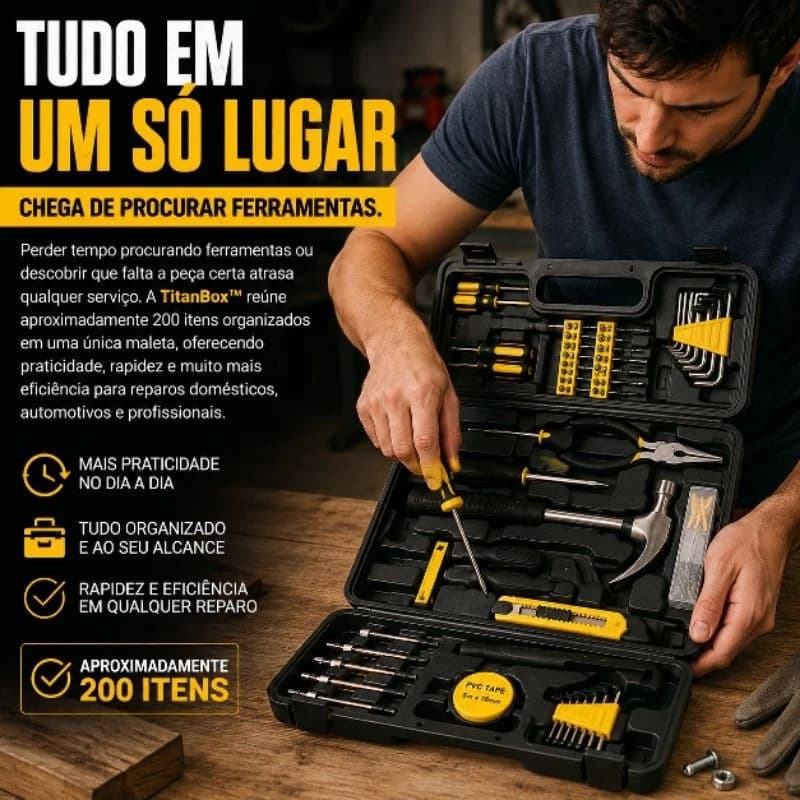 Kit de Ferramentas 200 Peças TitanBox Profissional com Maleta Resistente Completo Chaves Alicates Martelo Soquetes